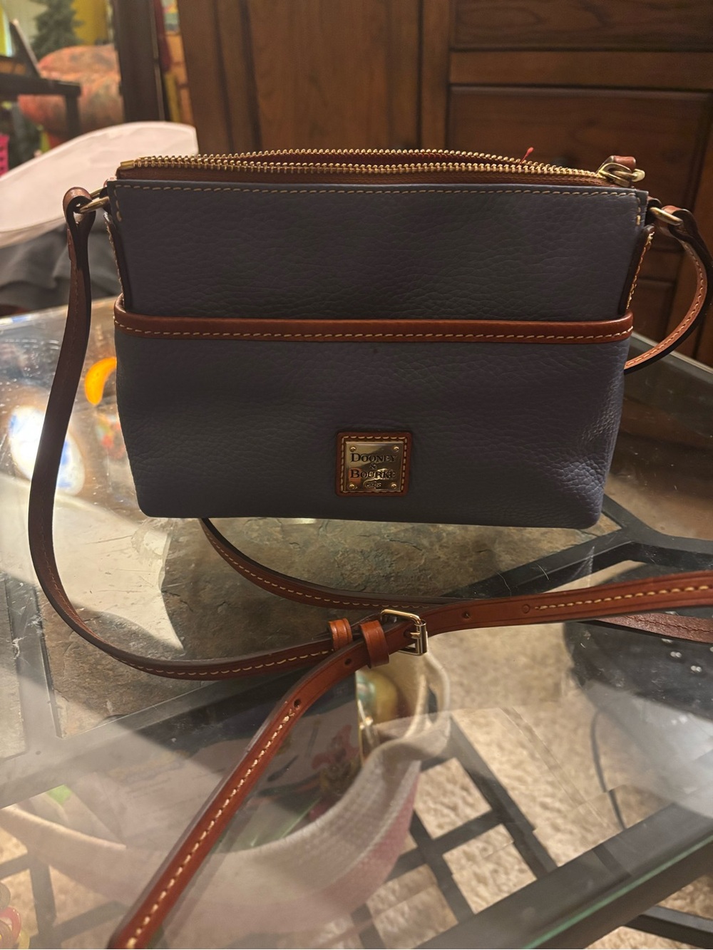 Dooney & Bourke Navy Pebble Leather Crossbody with Brown Trim